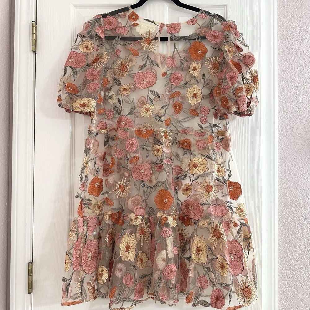 saltwater LUXE Sheer Floral Mini Dress in Pink, Orange, Cream - Picture 7 of 8
